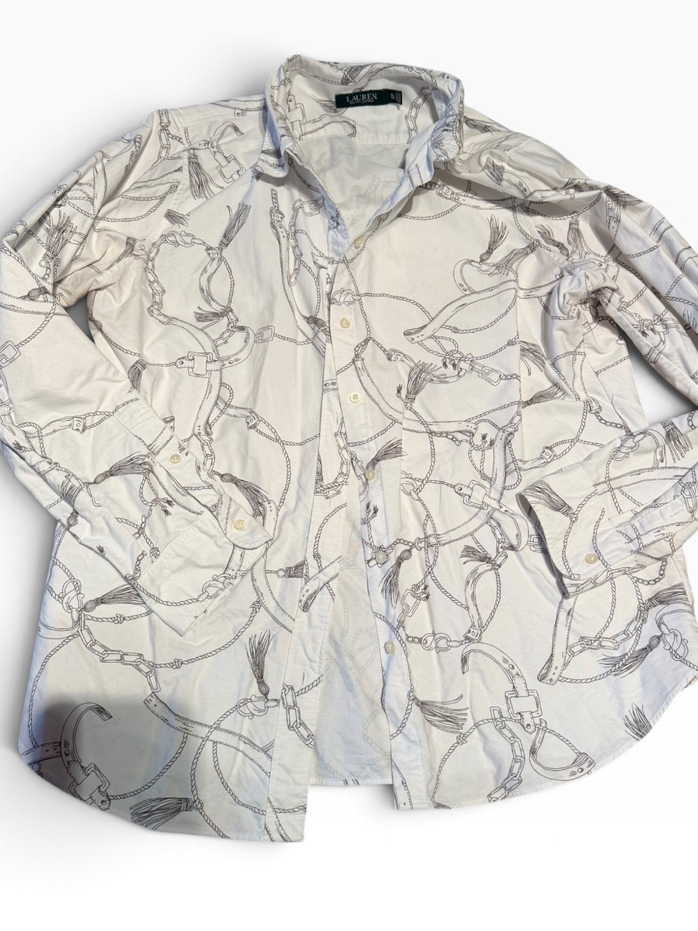 Lauren Ralph Lauren White Shirt Jacket with Gray equestrian Print XL